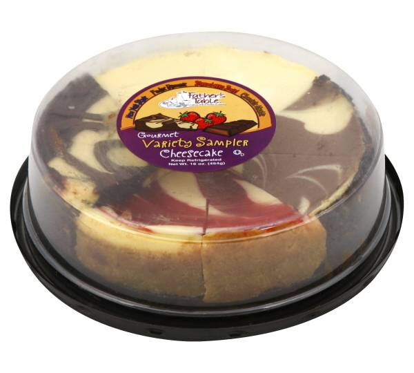 The Father's Table Variety Sampler Cheesecake, Fudge Brownie-Strawberry Swirl-Chocolate Marble (16 oz)